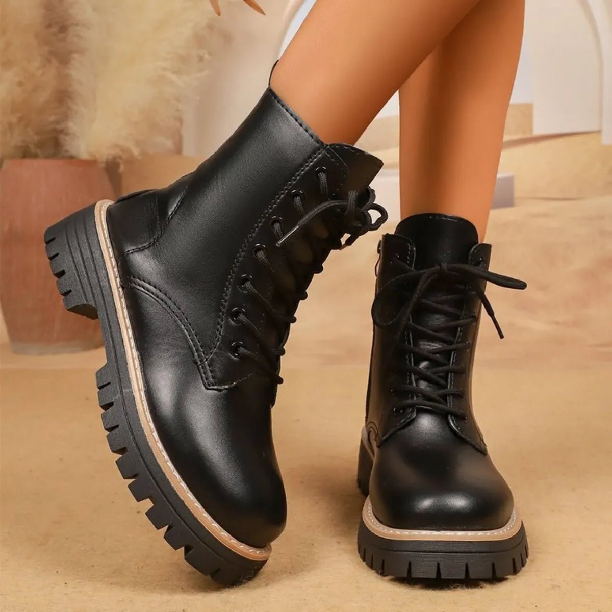 Lace Up Leather Combat Boots with Chunky Sole - Style Chic Couture