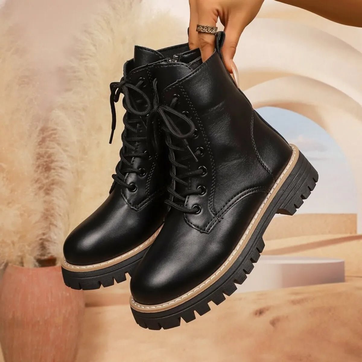 Lace Up Leather Combat Boots with Chunky Sole - Style Chic Couture