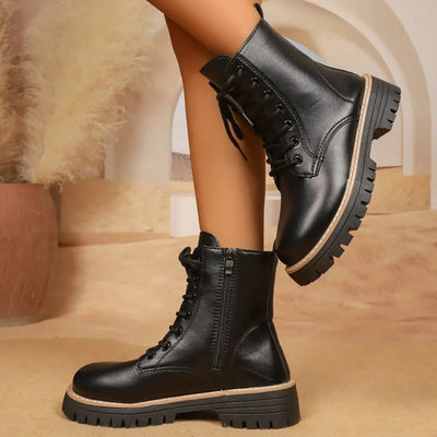 Lace Up Leather Combat Boots with Chunky Sole - Style Chic Couture