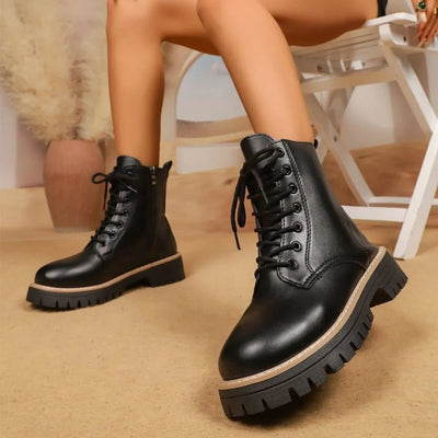 Lace Up Leather Combat Boots with Chunky Sole - Style Chic Couture
