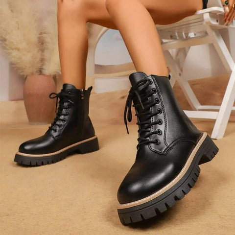 Lace Up Leather Combat Boots with Chunky Sole