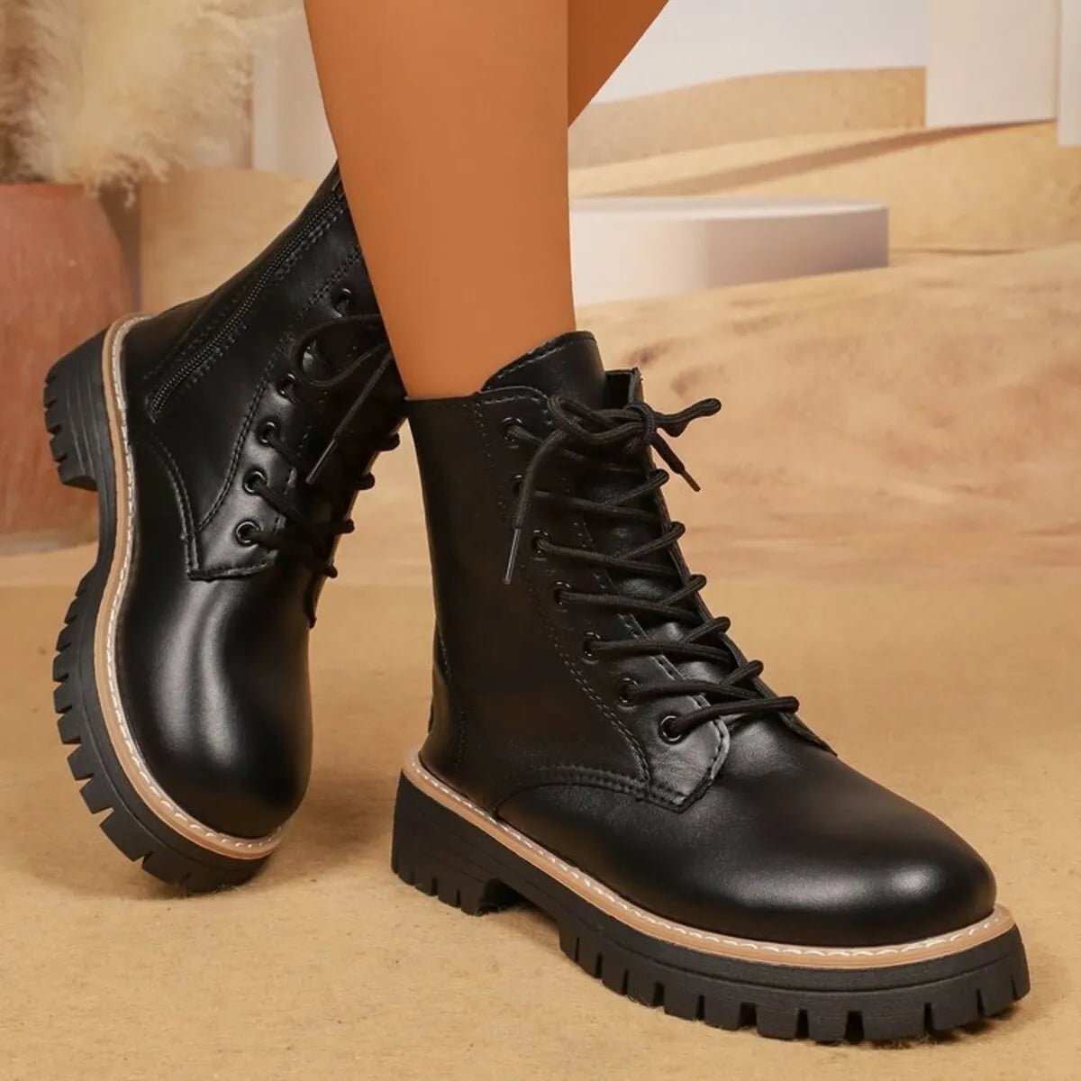 Lace Up Leather Combat Boots with Chunky Sole - Style Chic Couture