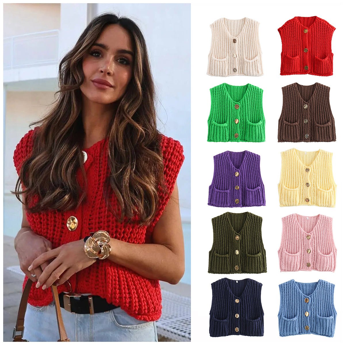 Ladies' Sleeveless Knit Button - Up Vest Top - Style Chic Couture