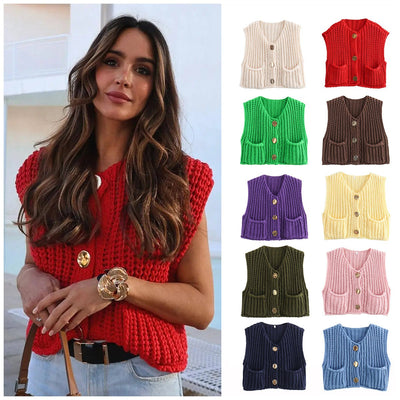 Ladies' Sleeveless Knit Button - Up Vest Top - Style Chic Couture