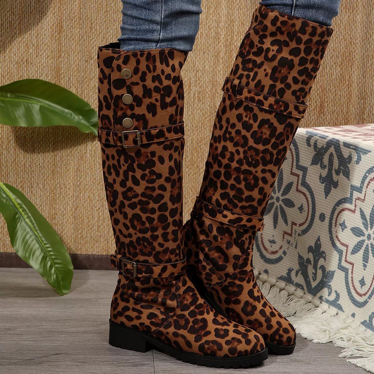 Leopard Print Block Heel Boots