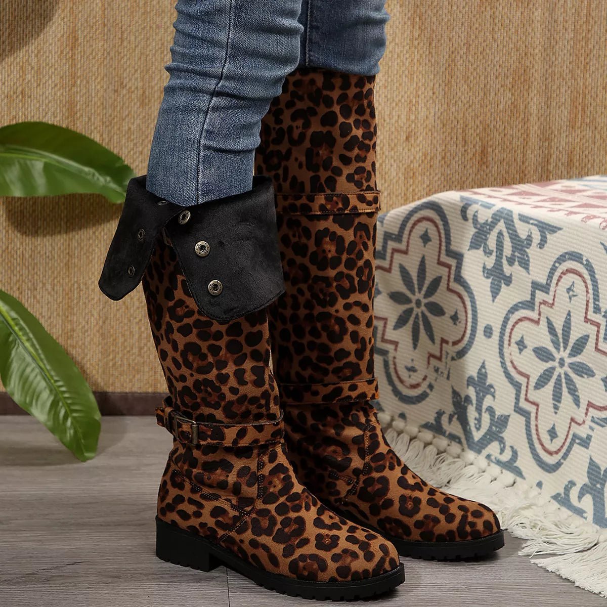 Leopard Print Block Heel Boots