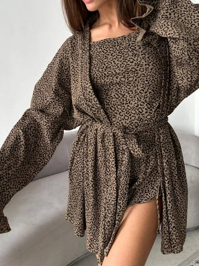 Leopard Print 3-Pc Cami Cardigan & Shorts Set