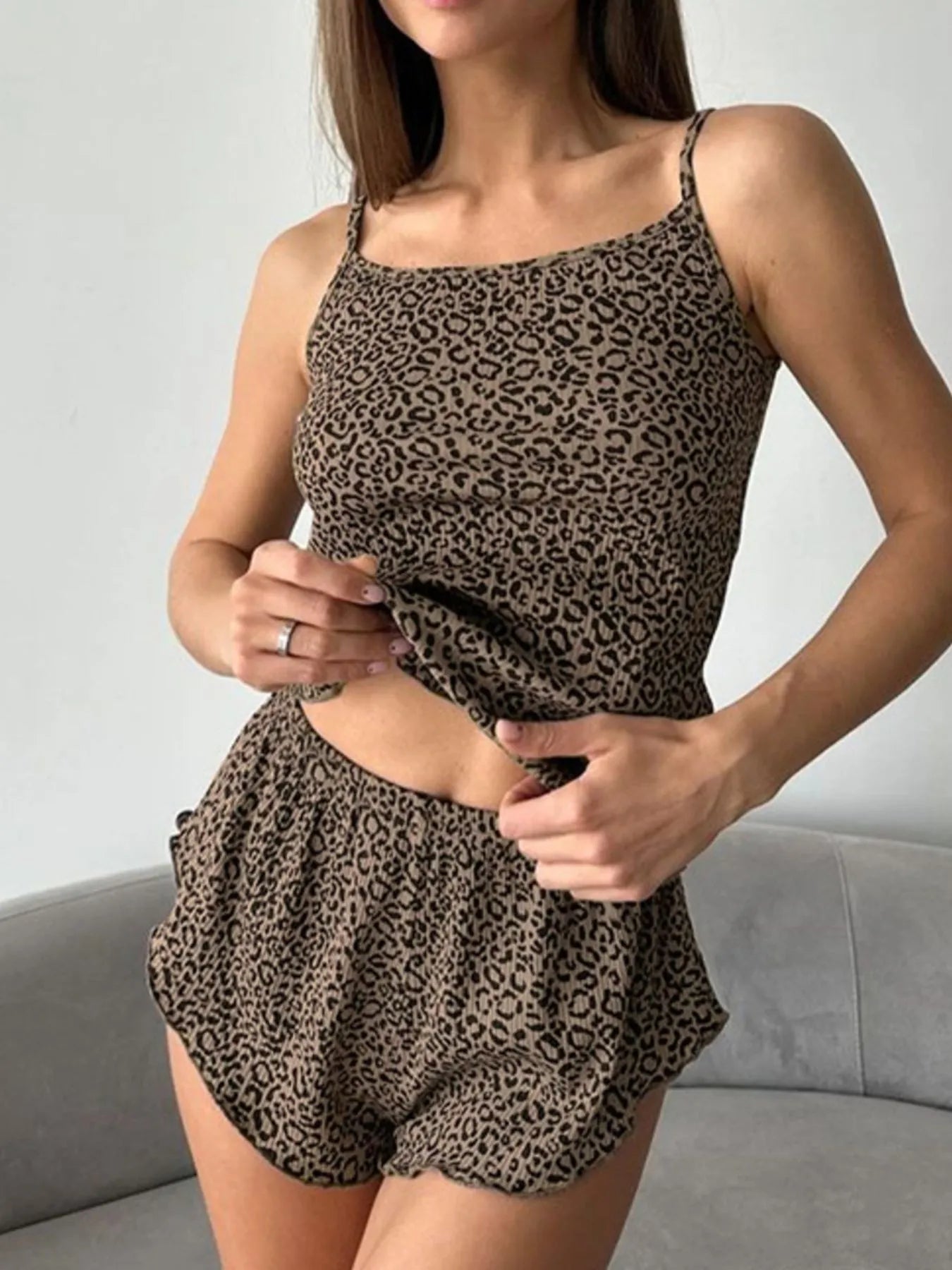 Leopard Print 3-Pc Cami Cardigan & Shorts Set