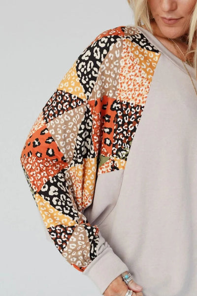 Leopard Contrast V - Neck Long Sleeve Blouse - Style Chic Couture