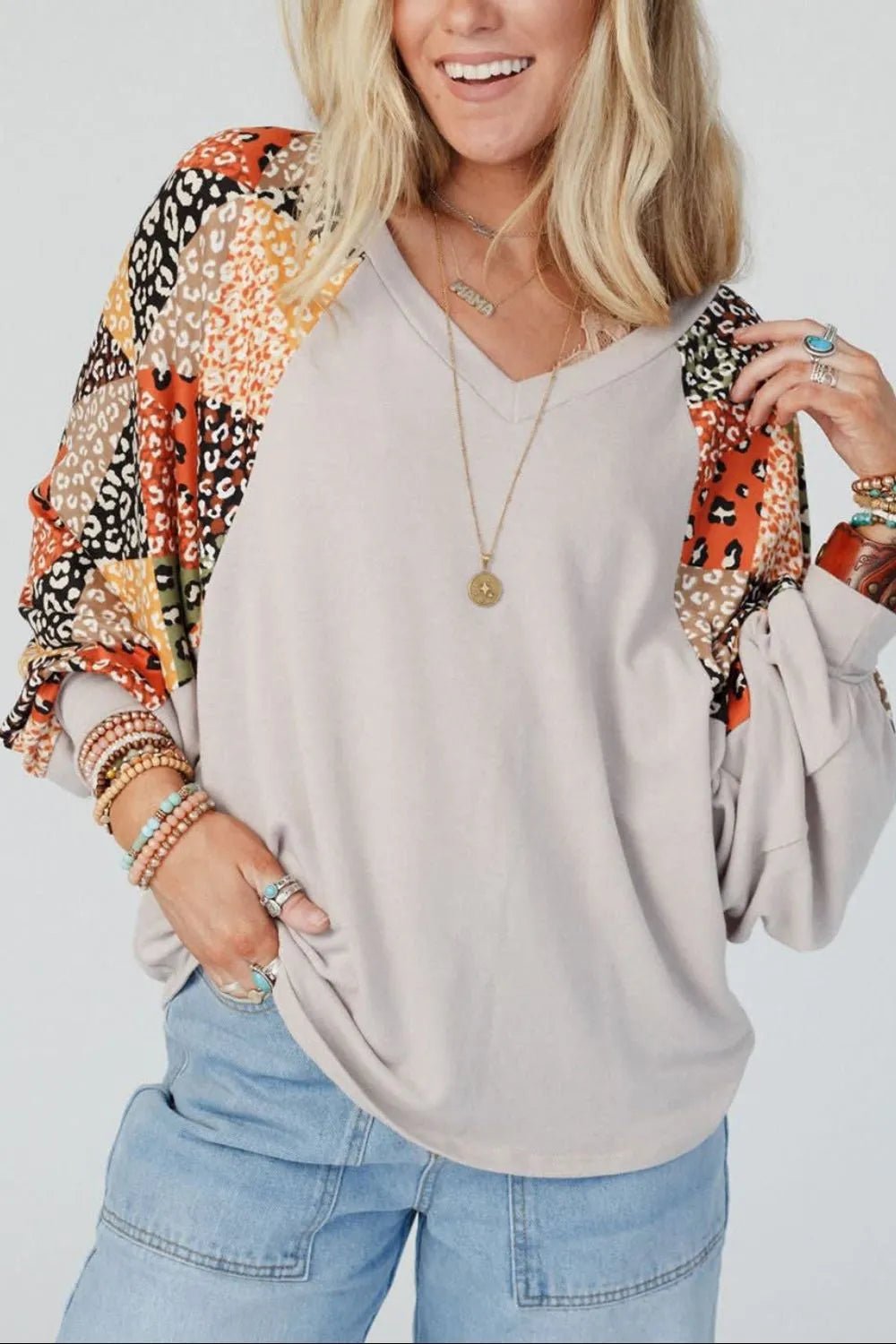 Leopard Contrast V - Neck Long Sleeve Blouse - Style Chic Couture