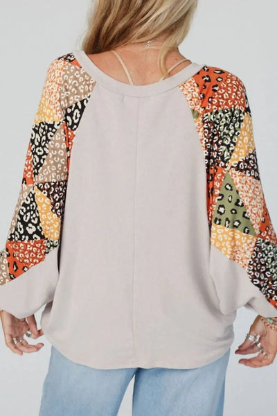 Leopard Contrast V - Neck Long Sleeve Blouse - Style Chic Couture