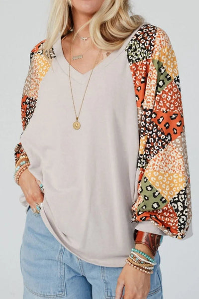 Leopard Contrast V - Neck Long Sleeve Blouse - Style Chic Couture