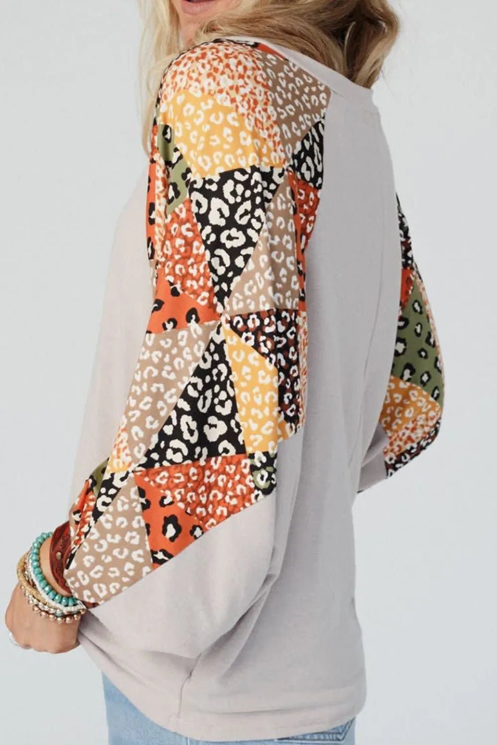Leopard Contrast V - Neck Long Sleeve Blouse - Style Chic Couture