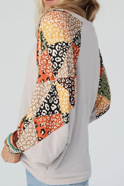 Leopard Contrast V - Neck Long Sleeve Blouse - Style Chic Couture