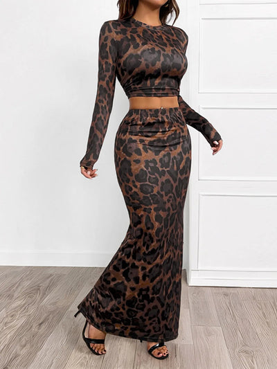 Leopard Round Neck Top and Skirt Set - Style Chic Couture