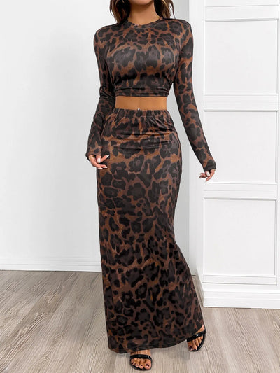 Leopard Round Neck Top and Skirt Set - Style Chic Couture