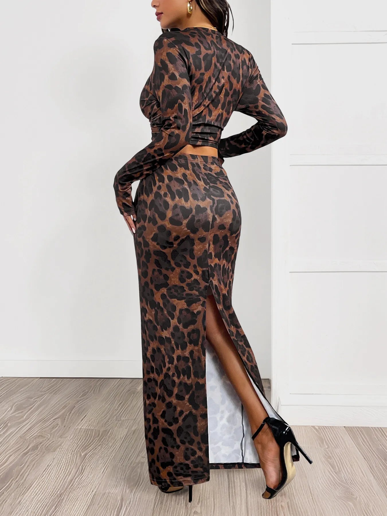 Leopard Round Neck Top and Skirt Set - Style Chic Couture