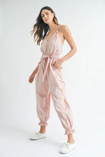 MABLE Washed Fabric Spaghetti Strap Waist Belted Jumpsuit - Style Chic Couture