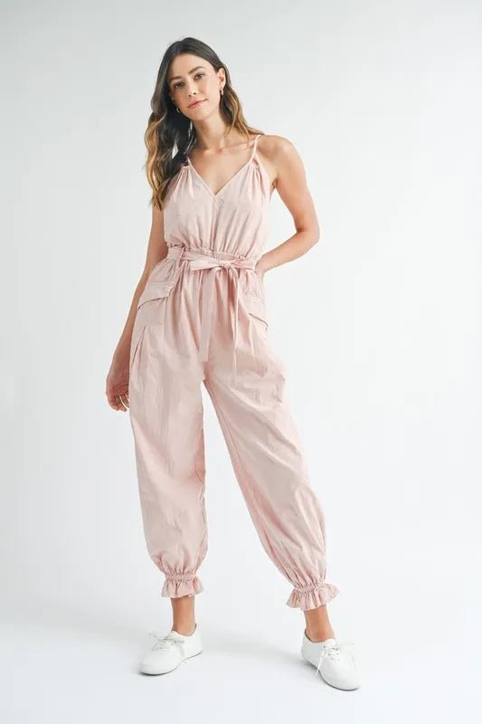 MABLE Washed Fabric Spaghetti Strap Waist Belted Jumpsuit - Style Chic Couture