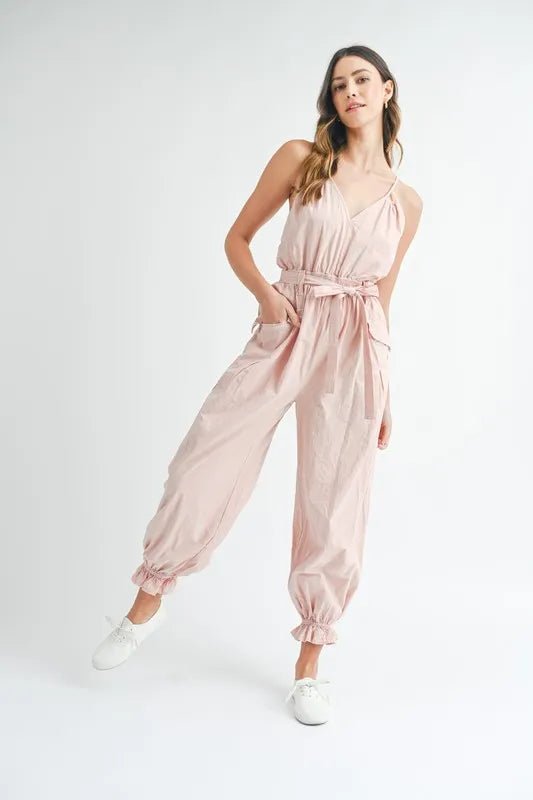 MABLE Washed Fabric Spaghetti Strap Waist Belted Jumpsuit - Style Chic Couture