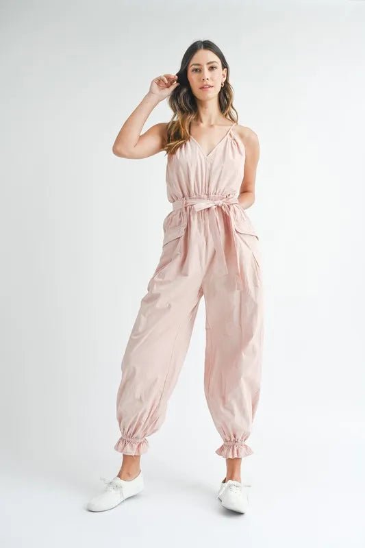 MABLE Washed Fabric Spaghetti Strap Waist Belted Jumpsuit - Style Chic Couture