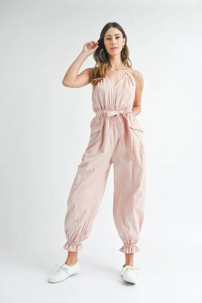 MABLE Washed Fabric Spaghetti Strap Waist Belted Jumpsuit - Style Chic Couture