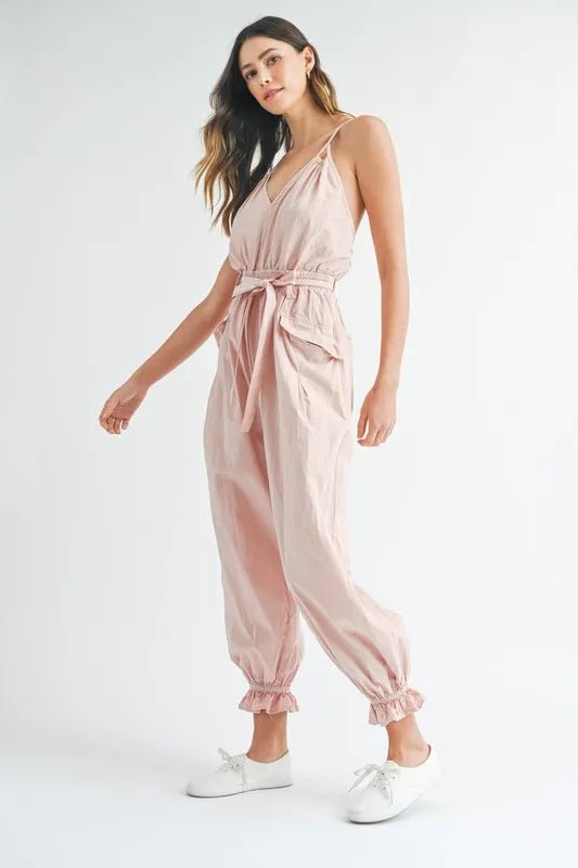 MABLE Washed Fabric Spaghetti Strap Waist Belted Jumpsuit - Style Chic Couture