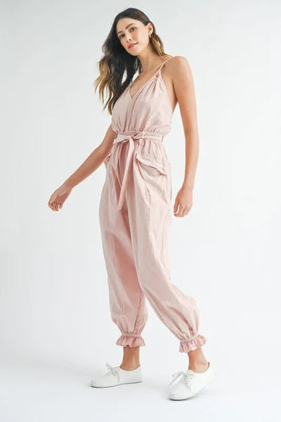 MABLE Washed Fabric Spaghetti Strap Waist Belted Jumpsuit - Style Chic Couture