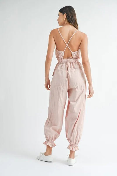 MABLE Washed Fabric Spaghetti Strap Waist Belted Jumpsuit - Style Chic Couture