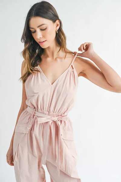 MABLE Washed Fabric Spaghetti Strap Waist Belted Jumpsuit - Style Chic Couture