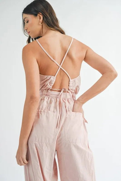 MABLE Washed Fabric Spaghetti Strap Waist Belted Jumpsuit - Style Chic Couture