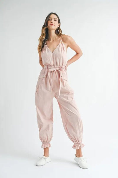MABLE Washed Fabric Spaghetti Strap Waist Belted Jumpsuit - Style Chic Couture