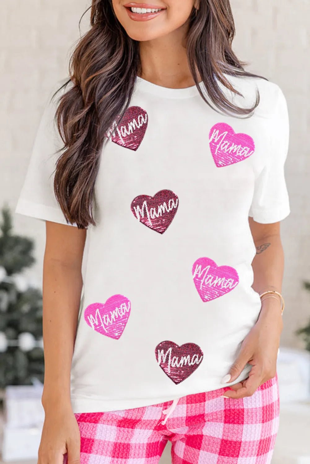 MAMA Heart Shape Sequin Patched Crew Neck T Shirt - Style Chic Couture