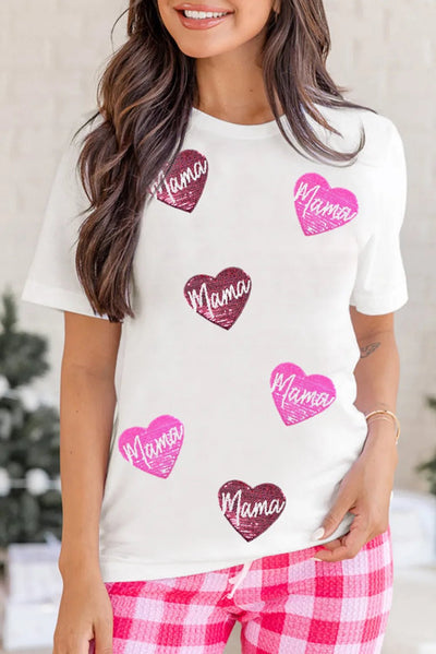 MAMA Heart Shape Sequin Patched Crew Neck T Shirt - Style Chic Couture