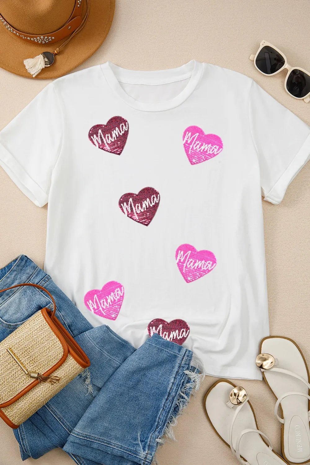 MAMA Heart Shape Sequin Patched Crew Neck T Shirt - Style Chic Couture