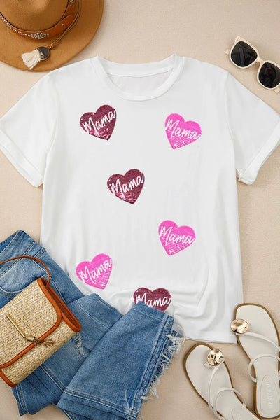 MAMA Heart Shape Sequin Patched Crew Neck T Shirt - Style Chic Couture