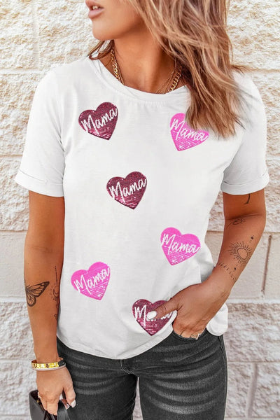 MAMA Heart Shape Sequin Patched Crew Neck T Shirt - Style Chic Couture