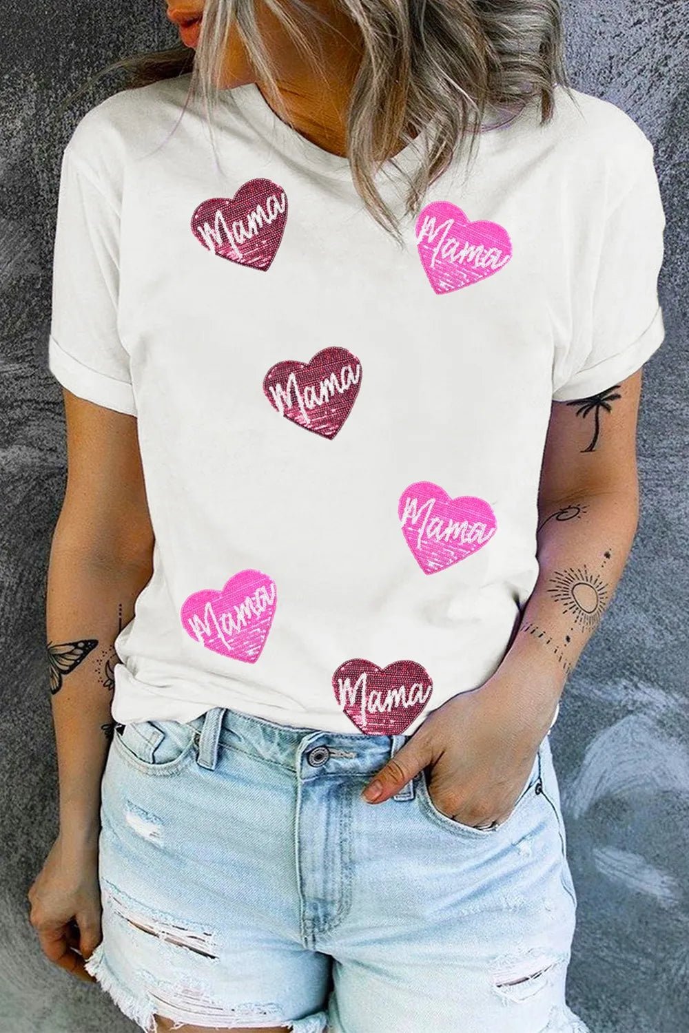 MAMA Heart Shape Sequin Patched Crew Neck T Shirt - Style Chic Couture