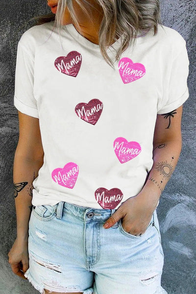MAMA Heart Shape Sequin Patched Crew Neck T Shirt - Style Chic Couture