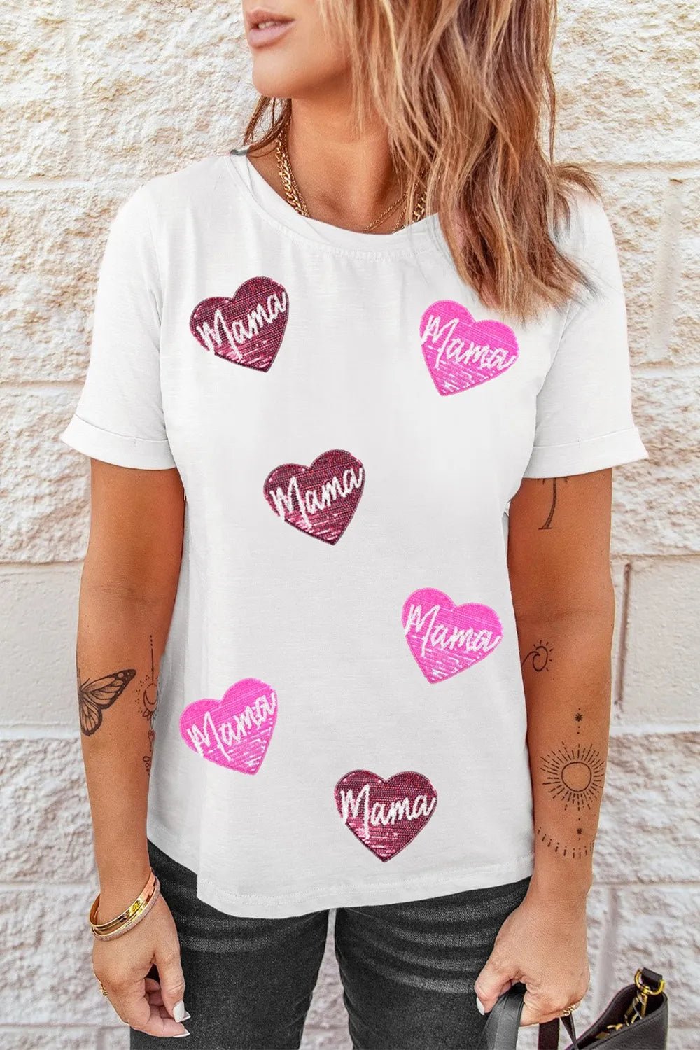 MAMA Heart Shape Sequin Patched Crew Neck T Shirt - Style Chic Couture