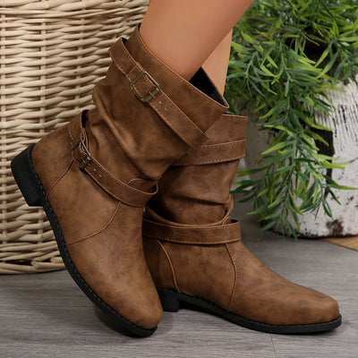 Mid - Calf Buckle Strap Boots - Style Chic Couture
