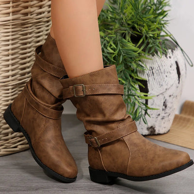 Mid - Calf Buckle Strap Boots - Style Chic Couture