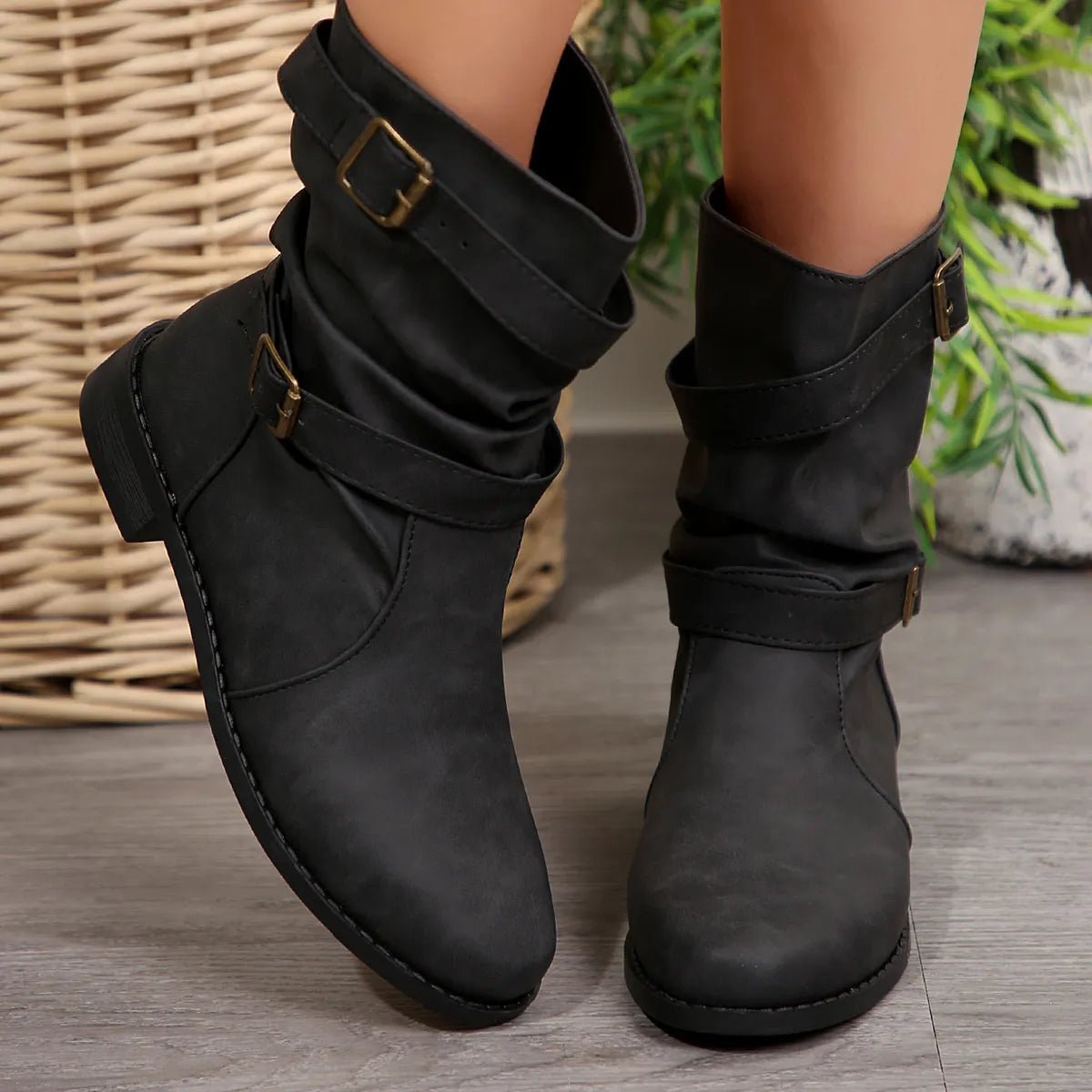 Mid - Calf Buckle Strap Boots - Style Chic Couture