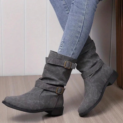 Mid - Calf Buckle Strap Boots - Style Chic Couture