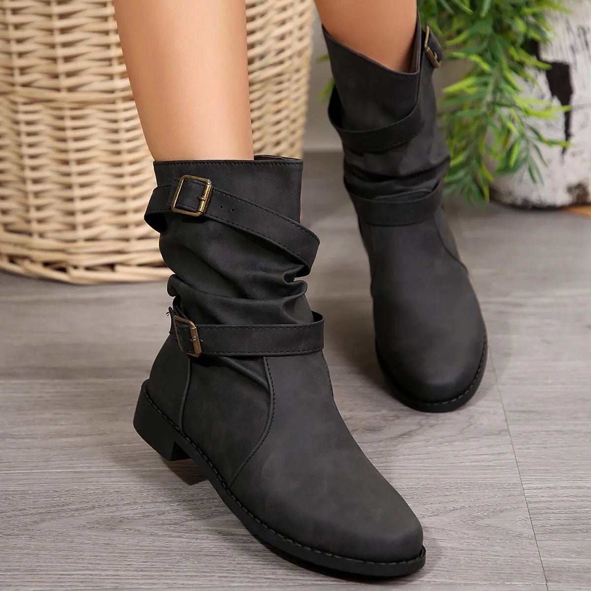 Mid - Calf Buckle Strap Boots - Style Chic Couture