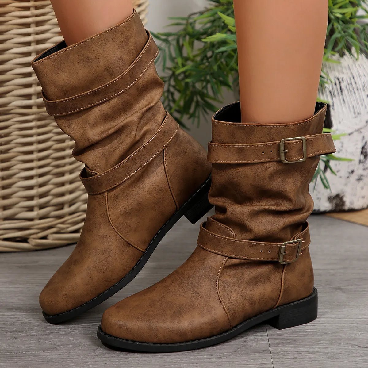 Mid - Calf Buckle Strap Boots - Style Chic Couture