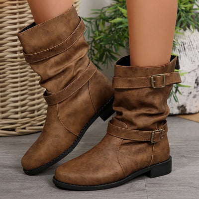 Mid - Calf Buckle Strap Boots - Style Chic Couture