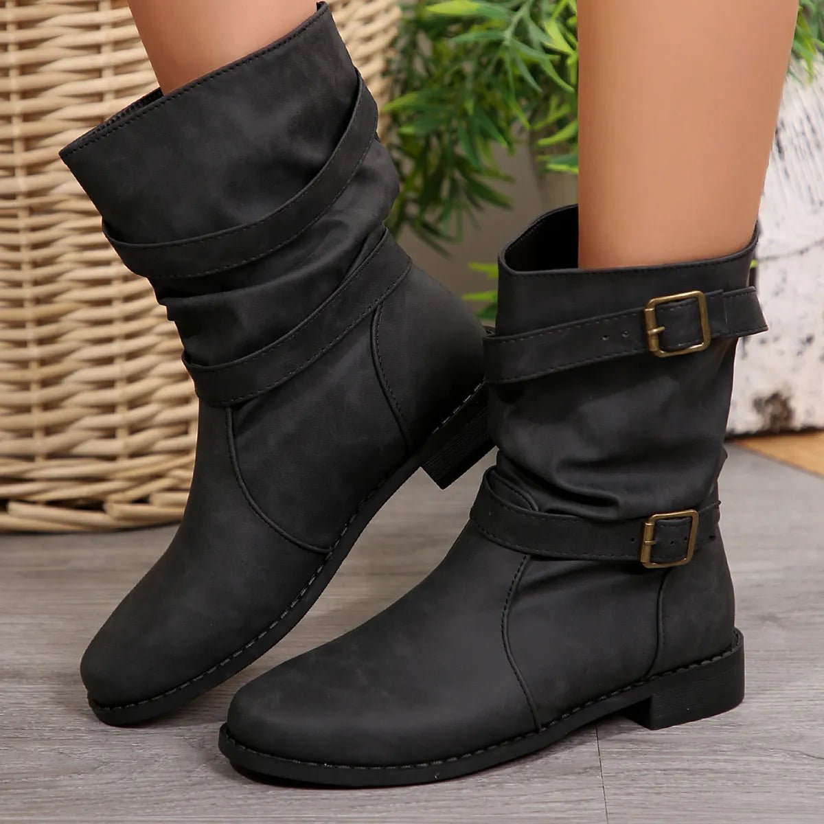 Mid - Calf Buckle Strap Boots - Style Chic Couture