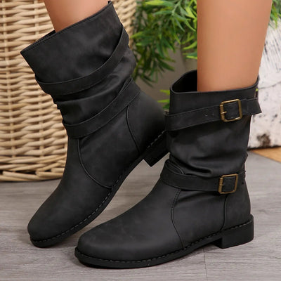 Mid - Calf Buckle Strap Boots - Style Chic Couture