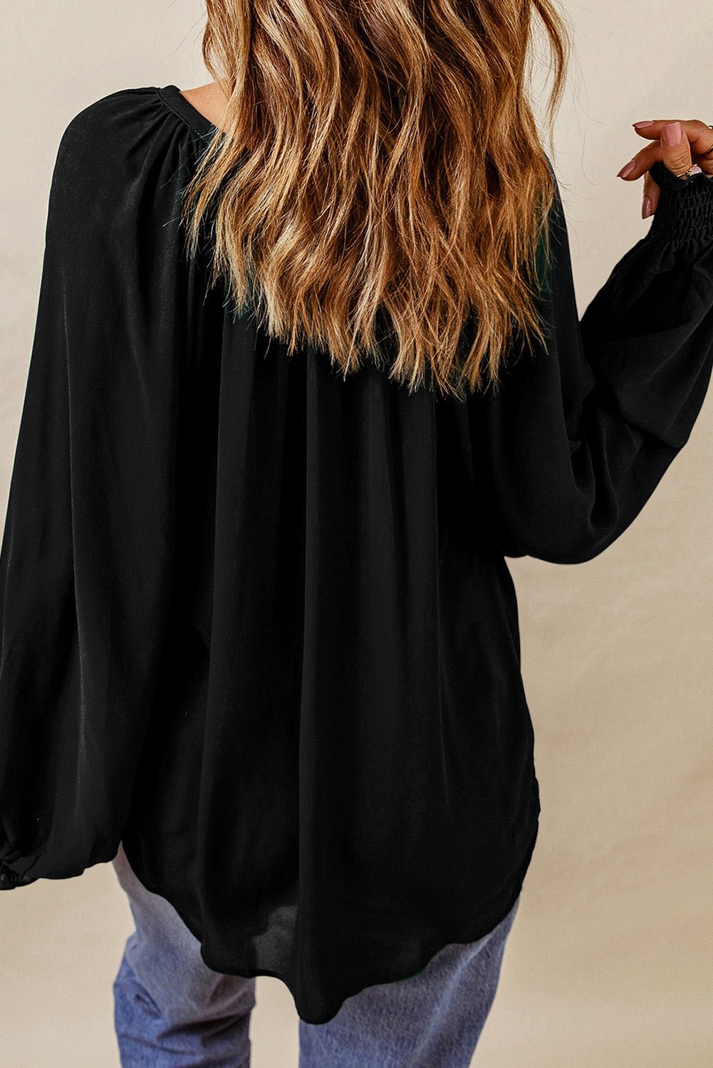Notched Neck Lantern Sleeve Blouse - Style Chic Couture